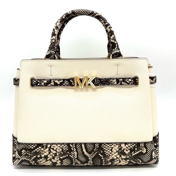 Michael Kors Large Reed Leather Belted Satchel Crossbody Bag Cream Snakeskin - Picture 1 of 12
